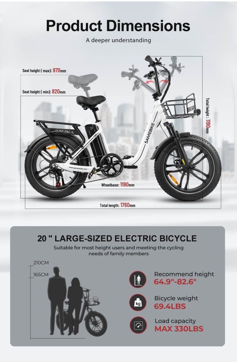 SAMEBIKE C05 PRO méretdiagram – pontos méretek és összecsukási adatok