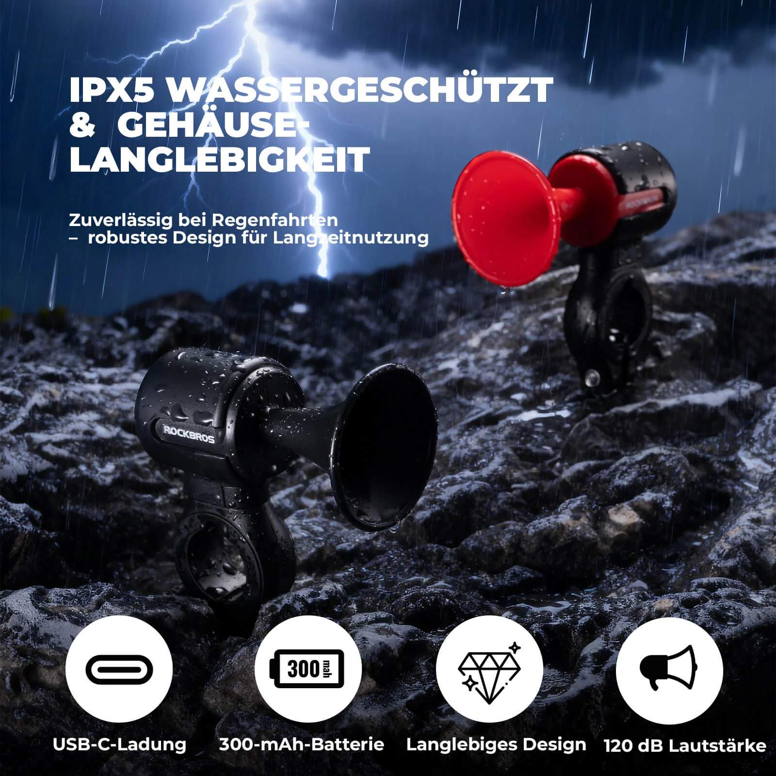 ROCKBROS Fahrradklingel Elektrisch 120dB Ton IPX5  9b48362bca71