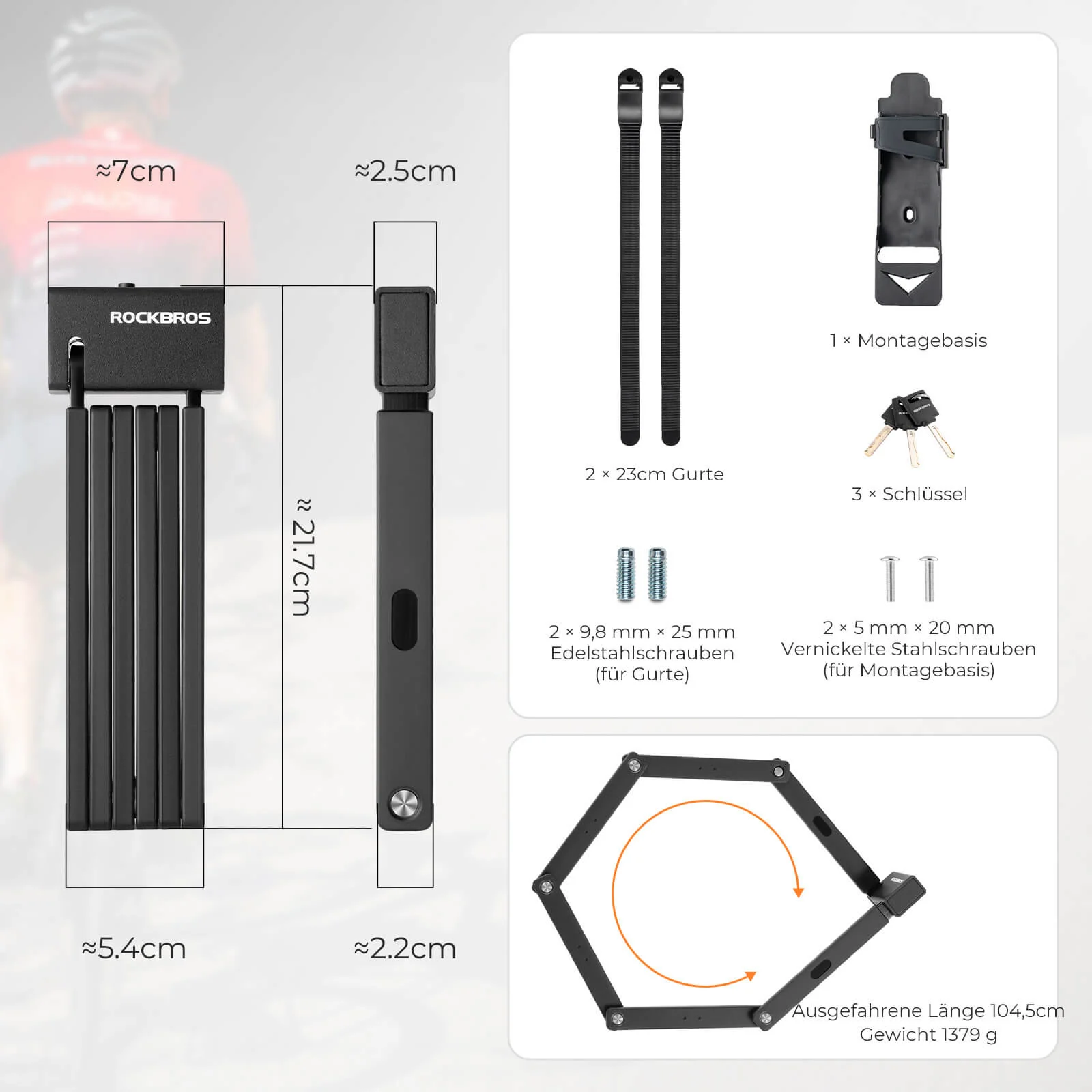 ROCKBROS Faltschloss Fahrradschloss 104 cm Faltbar 56b983712a7f