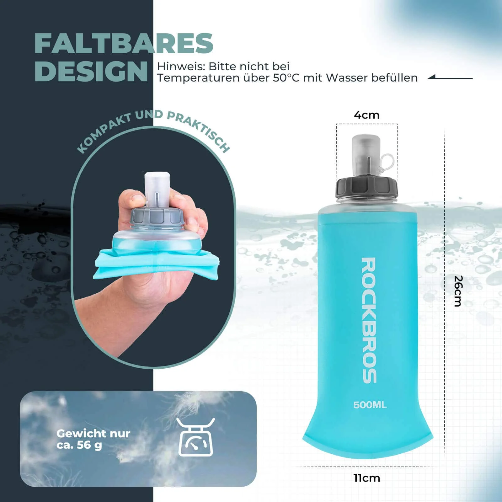 ROCKBROS Trinkflasche Faltbare Wasserflasche 500ml e33e6b220559
