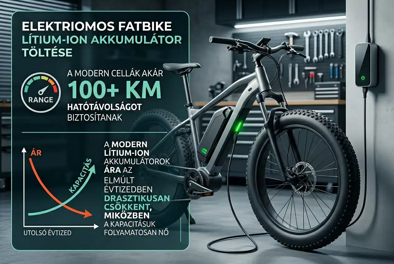 Elektromos kerékpár lítium-ion akkumulátor töltése – a modern cellák akár 100+ km hatótávolságot biztosítanak