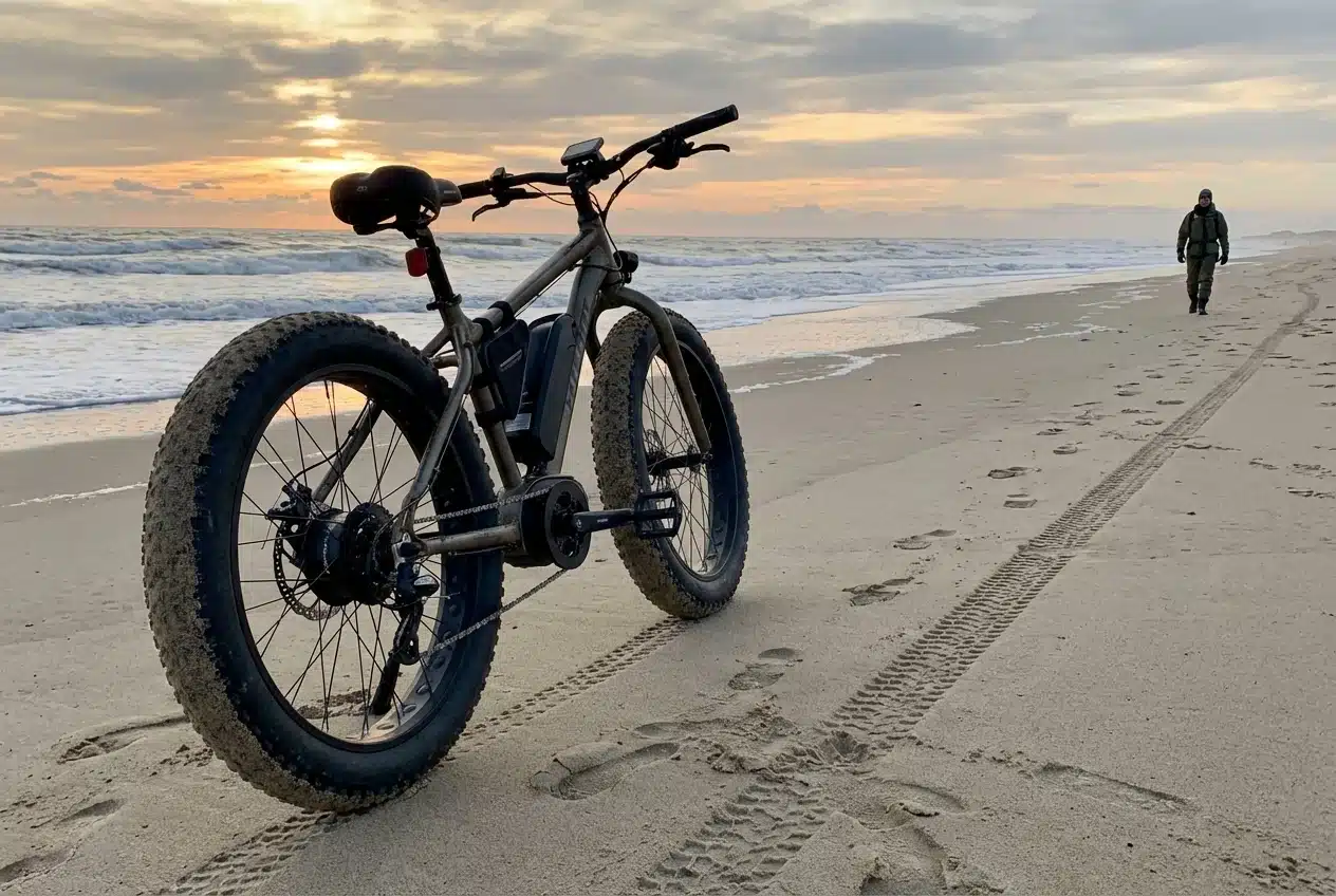Elektromos fatbike homokos tengerparton – a 4 colos gumik nem süllyednek el a puha talajon