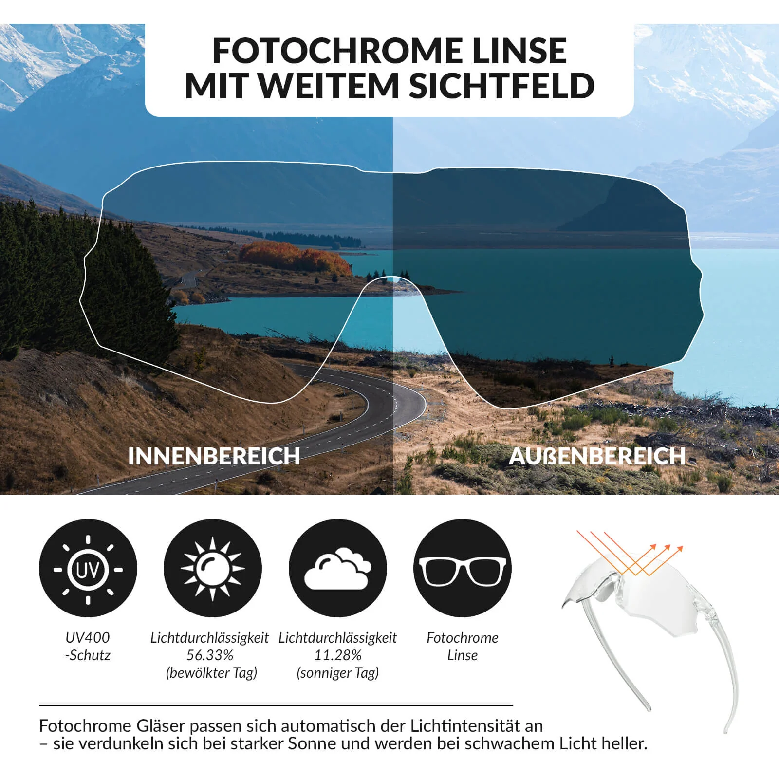 Fahrradbrille Selbsttönend UV400 Schutz Ohne Rahme 0c65b5325d27