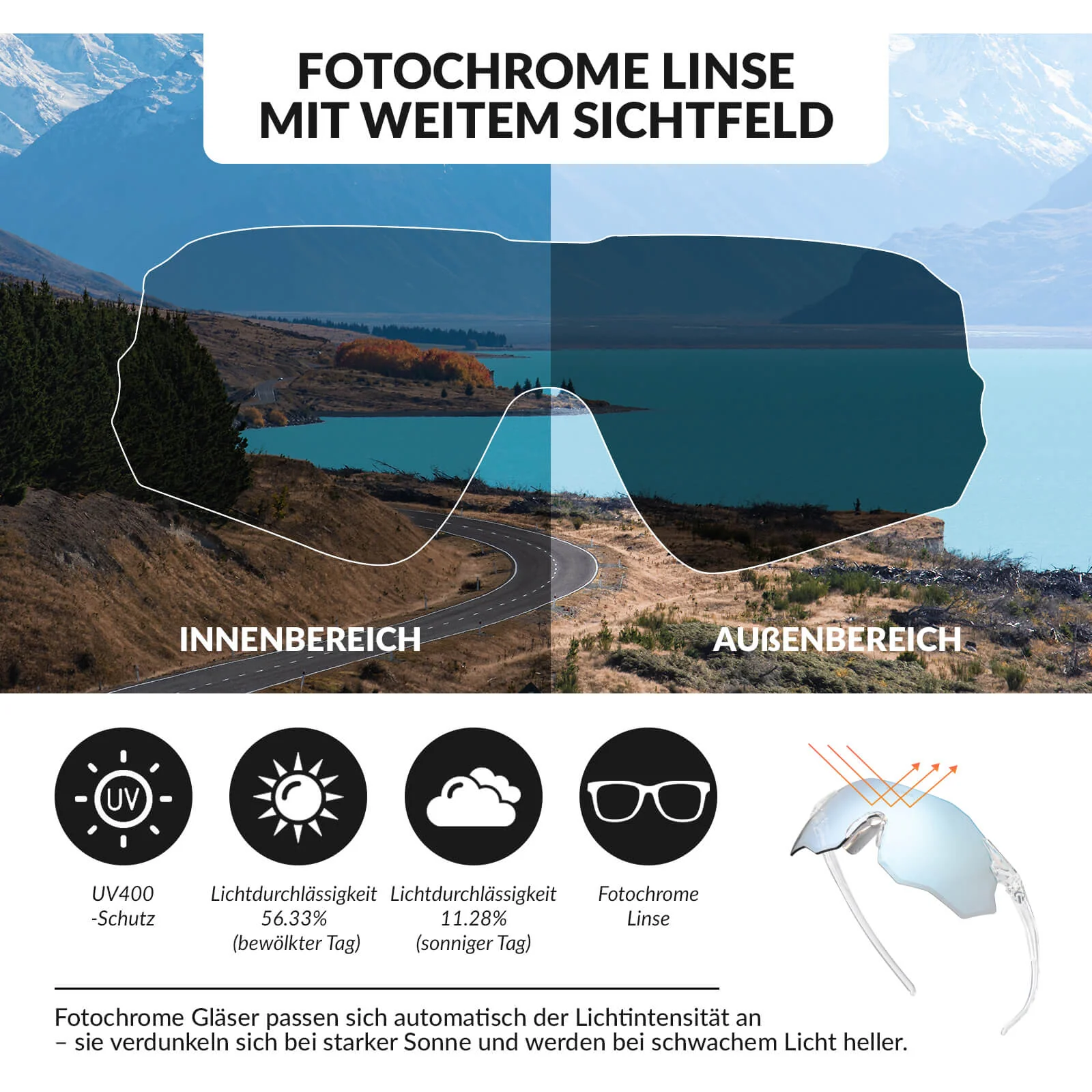 Fahrradbrille Selbsttönend UV400 Schutz Ohne Rahme 0ccb4615315b