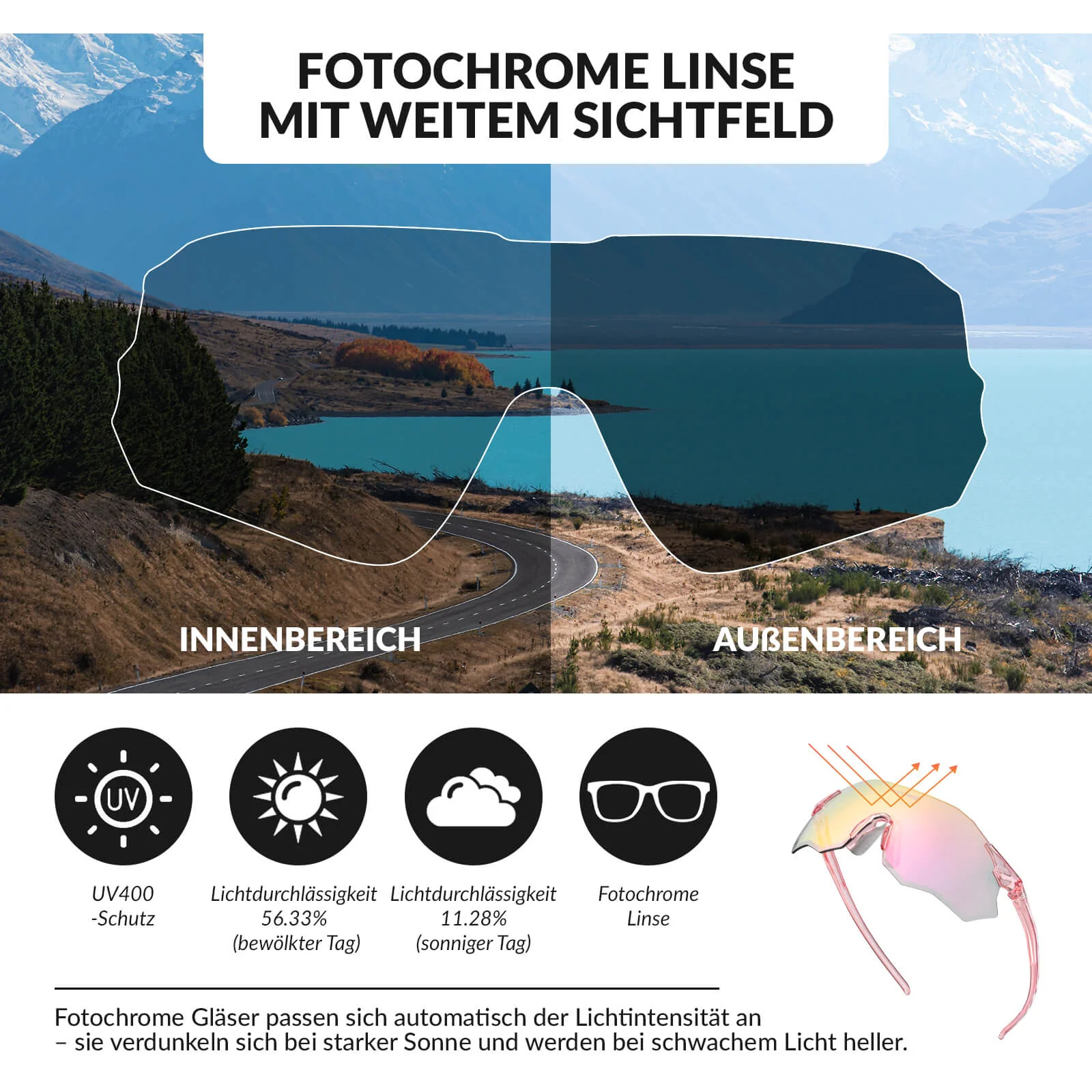 Fahrradbrille Selbsttönend UV400 Schutz Ohne Rahme 7616ae2f6d7e