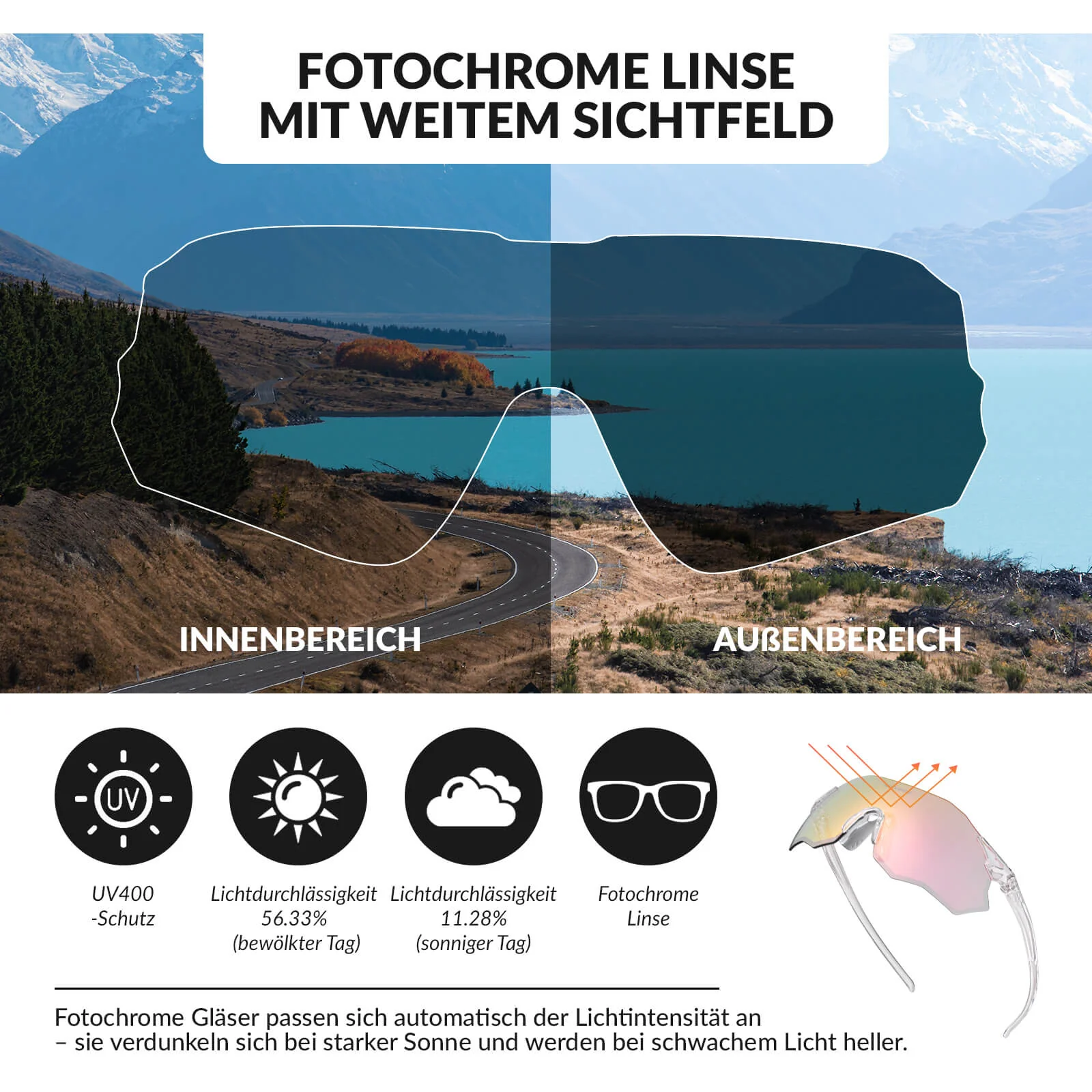 Fahrradbrille Selbsttönend UV400 Schutz Ohne Rahme f37aaa9ca6c2